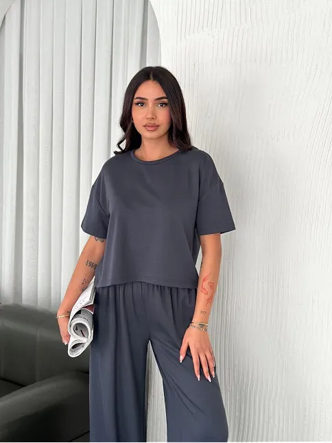 Osy Modal Yumuşak Dokulu Kumaş Bisiklet Yaka T-shirt Bol Paça Pantalon İkili Takım -antrasit