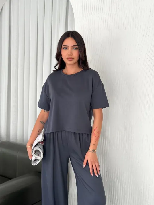 Osy Modal Yumuşak Dokulu Kumaş Bisiklet Yaka T-shirt Bol Paça Pantalon İkili Takım -antrasit