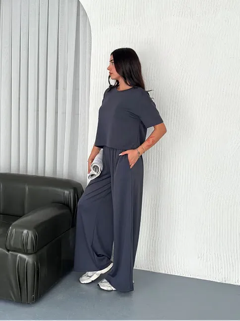 Osy Modal Yumuşak Dokulu Kumaş Bisiklet Yaka T-shirt Bol Paça Pantalon İkili Takım -antrasit
