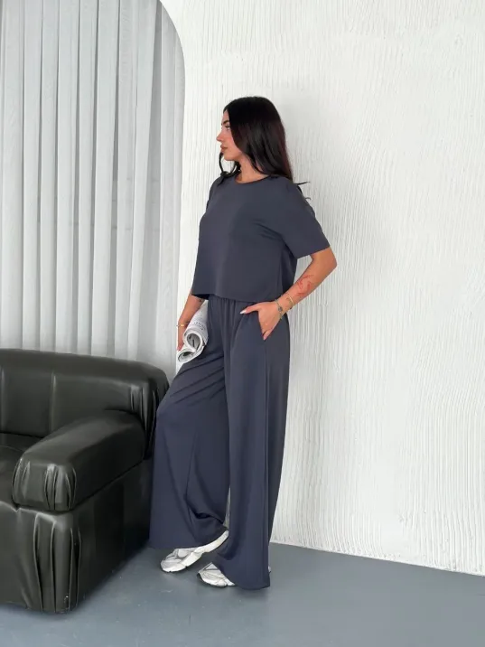 Osy Modal Yumuşak Dokulu Kumaş Bisiklet Yaka T-shirt Bol Paça Pantalon İkili Takım -antrasit