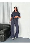 Osy Modal Yumuşak Dokulu Kumaş Bisiklet Yaka T-shirt Bol Paça Pantalon İkili Takım -antrasit