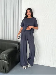 Osy Modal Yumuşak Dokulu Kumaş Bisiklet Yaka T-shirt Bol Paça Pantalon İkili Takım -antrasit