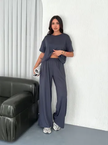 Osy Modal Yumuşak Dokulu Kumaş Bisiklet Yaka T-shirt Bol Paça Pantalon İkili Takım -antrasit