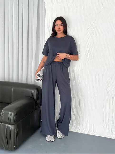 Osy Modal Yumuşak Dokulu Kumaş Bisiklet Yaka T-shirt Bol Paça Pantalon İkili Takım -antrasit