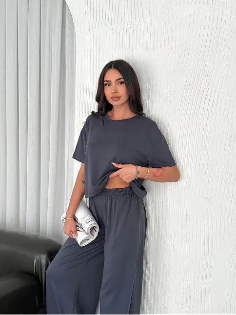 Osy Modal Yumuşak Dokulu Kumaş Bisiklet Yaka T-shirt Bol Paça Pantalon İkili Takım -antrasit