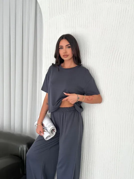 Osy Modal Yumuşak Dokulu Kumaş Bisiklet Yaka T-shirt Bol Paça Pantalon İkili Takım -antrasit