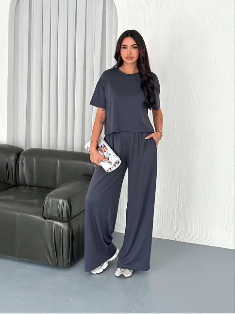 Osy Modal Yumuşak Dokulu Kumaş Bisiklet Yaka T-shirt Bol Paça Pantalon İkili Takım -antrasit