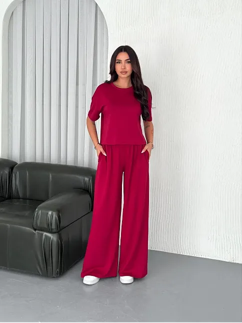Osy Modal Yumuşak Dokulu Kumaş Bisiklet Yaka T-shirt Bol Paça Pantalon İkili Takım -bordo