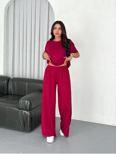 Osy Modal Yumuşak Dokulu Kumaş Bisiklet Yaka T-shirt Bol Paça Pantalon İkili Takım -bordo