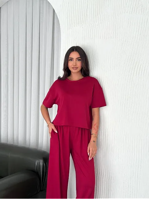 Osy Modal Yumuşak Dokulu Kumaş Bisiklet Yaka T-shirt Bol Paça Pantalon İkili Takım -bordo