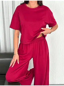 Osy Modal Yumuşak Dokulu Kumaş Bisiklet Yaka T-shirt Bol Paça Pantalon İkili Takım -bordo