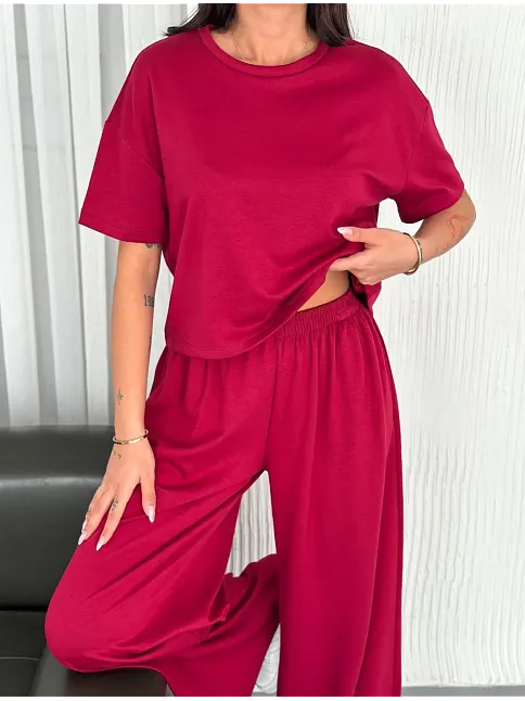 Osy Modal Yumuşak Dokulu Kumaş Bisiklet Yaka T-shirt Bol Paça Pantalon İkili Takım -bordo