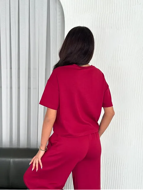 Osy Modal Yumuşak Dokulu Kumaş Bisiklet Yaka T-shirt Bol Paça Pantalon İkili Takım -bordo