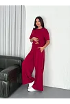 Osy Modal Yumuşak Dokulu Kumaş Bisiklet Yaka T-shirt Bol Paça Pantalon İkili Takım -bordo
