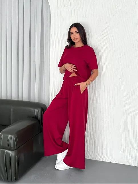 Osy Modal Yumuşak Dokulu Kumaş Bisiklet Yaka T-shirt Bol Paça Pantalon İkili Takım -bordo