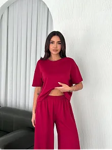 Osy Modal Yumuşak Dokulu Kumaş Bisiklet Yaka T-shirt Bol Paça Pantalon İkili Takım -bordo