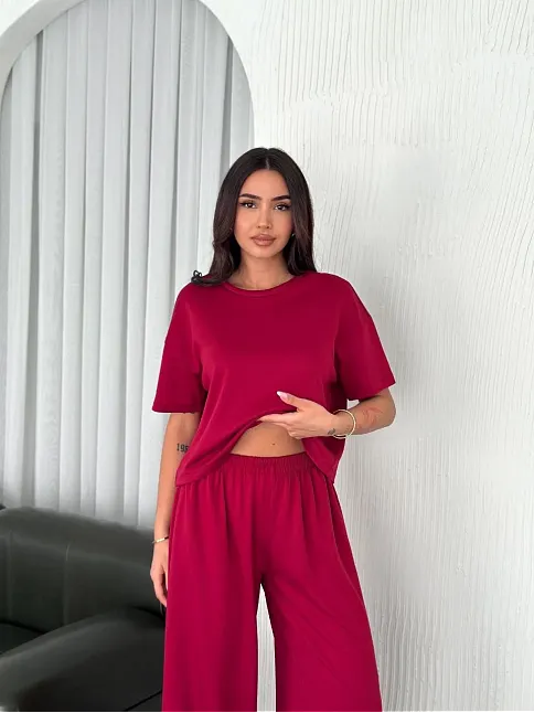 Osy Modal Yumuşak Dokulu Kumaş Bisiklet Yaka T-shirt Bol Paça Pantalon İkili Takım -bordo