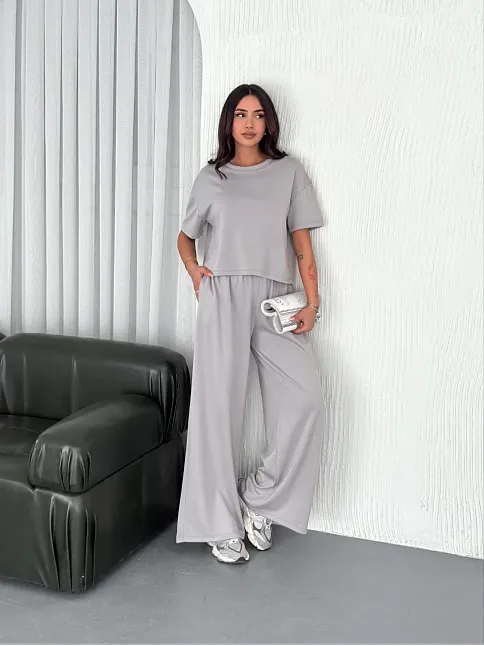 Osy Modal Yumuşak Dokulu Kumaş Bisiklet Yaka T-shirt Bol Paça Pantalon İkili Takım - Boyalı Gri
