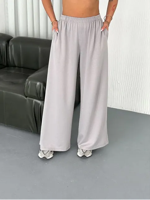 Osy Modal Yumuşak Dokulu Kumaş Bisiklet Yaka T-shirt Bol Paça Pantalon İkili Takım - Boyalı Gri
