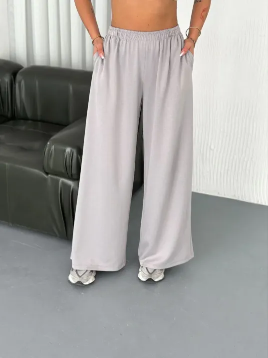 Osy Modal Yumuşak Dokulu Kumaş Bisiklet Yaka T-shirt Bol paça Pantalon ikili Takım - Boyalı Gri