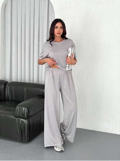Osy Modal Yumuşak Dokulu Kumaş Bisiklet Yaka T-shirt Bol Paça Pantalon İkili Takım - Boyalı Gri