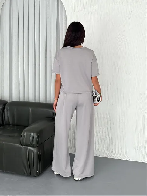 Osy Modal Yumuşak Dokulu Kumaş Bisiklet Yaka T-shirt Bol Paça Pantalon İkili Takım - Boyalı Gri
