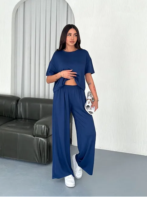 Osy Modal Yumuşak Dokulu Kumaş Bisiklet Yaka T-shirt Bol Paça Pantalon İkili Takım -saks Mavi