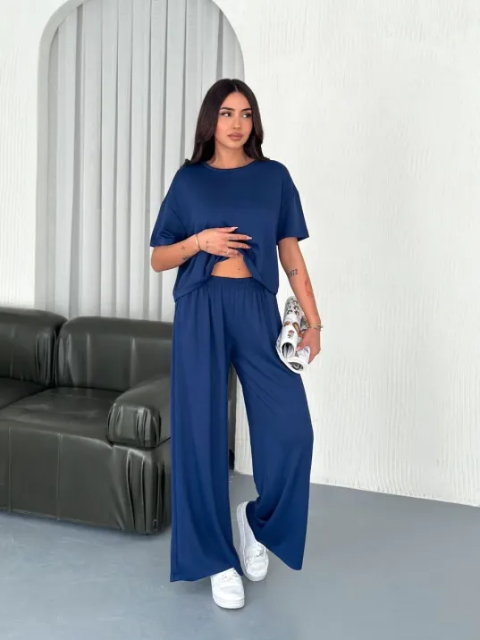 Osy Modal Yumuşak Dokulu Kumaş Bisiklet Yaka T-shirt Bol paça Pantalon ikili Takım -Saks Mavi