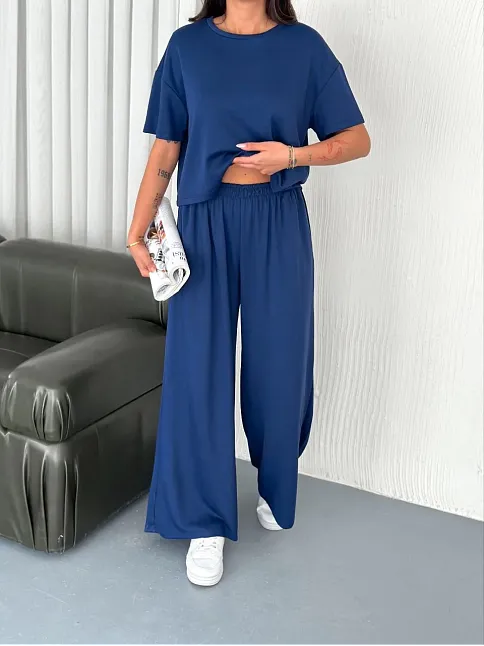 Osy Modal Yumuşak Dokulu Kumaş Bisiklet Yaka T-shirt Bol Paça Pantalon İkili Takım -saks Mavi