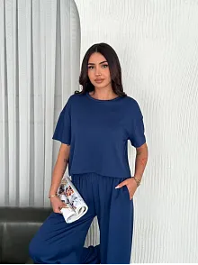 Osy Modal Yumuşak Dokulu Kumaş Bisiklet Yaka T-shirt Bol Paça Pantalon İkili Takım -saks Mavi