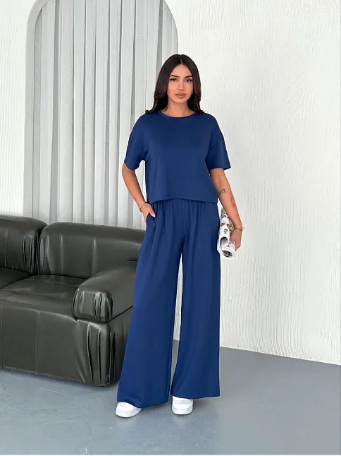 Osy Modal Yumuşak Dokulu Kumaş Bisiklet Yaka T-shirt Bol Paça Pantalon İkili Takım -saks Mavi