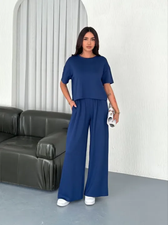 Osy Modal Yumuşak Dokulu Kumaş Bisiklet Yaka T-shirt Bol paça Pantalon ikili Takım -Saks Mavi