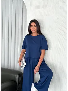 Osy Modal Yumuşak Dokulu Kumaş Bisiklet Yaka T-shirt Bol Paça Pantalon İkili Takım -saks Mavi