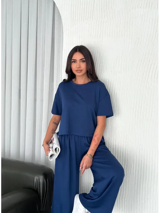 Osy Modal Yumuşak Dokulu Kumaş Bisiklet Yaka T-shirt Bol paça Pantalon ikili Takım -Saks Mavi
