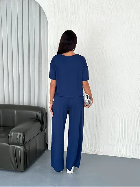 Osy Modal Yumuşak Dokulu Kumaş Bisiklet Yaka T-shirt Bol Paça Pantalon İkili Takım -saks Mavi