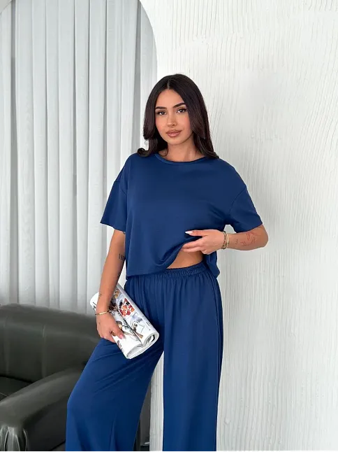Osy Modal Yumuşak Dokulu Kumaş Bisiklet Yaka T-shirt Bol Paça Pantalon İkili Takım -saks Mavi