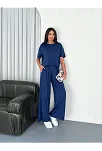 Osy Modal Yumuşak Dokulu Kumaş Bisiklet Yaka T-shirt Bol Paça Pantalon İkili Takım -saks Mavi