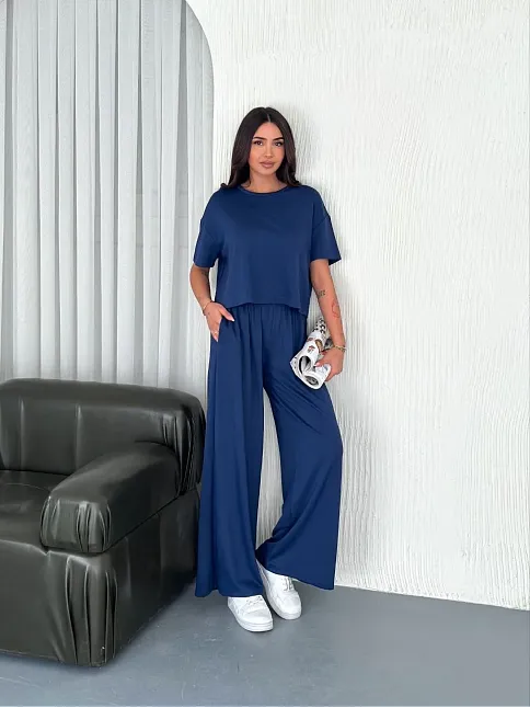 Osy Modal Yumuşak Dokulu Kumaş Bisiklet Yaka T-shirt Bol Paça Pantalon İkili Takım -saks Mavi