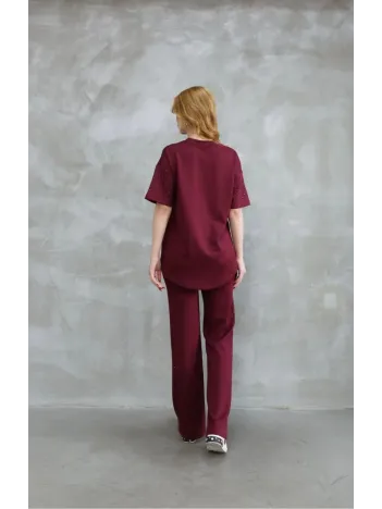 Osy Modal Yumuşak dokulu Kumaş Bisiklet Yaka Taş detaylı Kısa Kollu Takım - Bordo Osy Modal Yumuşak dokulu Kumaş Bisiklet Yaka Taş detaylı Kısa Kollu Takım - Bordo