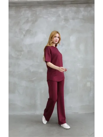 Osy Modal Yumuşak dokulu Kumaş Bisiklet Yaka Taş detaylı Kısa Kollu Takım - Bordo Osy Modal Yumuşak dokulu Kumaş Bisiklet Yaka Taş detaylı Kısa Kollu Takım - Bordo