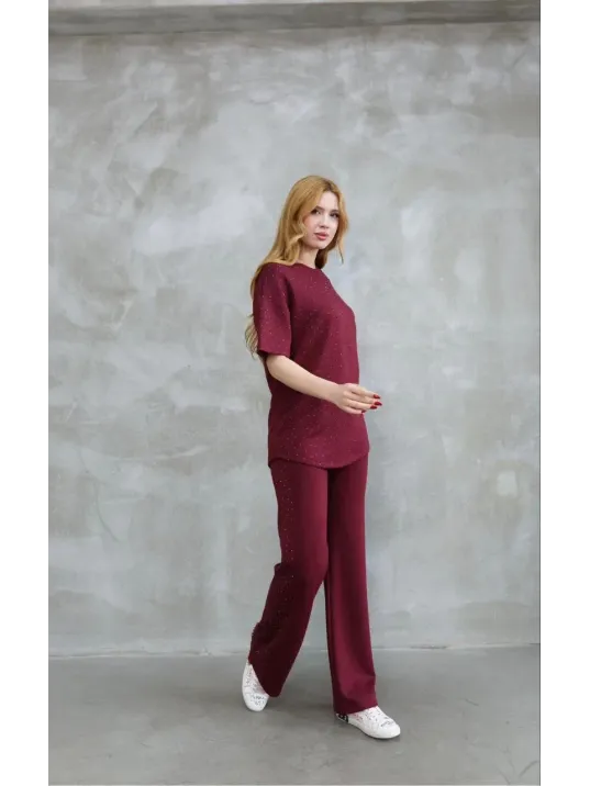 Osy Modal Yumuşak dokulu Kumaş Bisiklet Yaka Taş detaylı Kısa Kollu Takım - Bordo Osy Modal Yumuşak dokulu Kumaş Bisiklet Yaka Taş detaylı Kısa Kollu Takım - Bordo