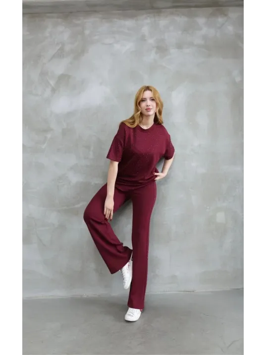 Osy Modal Yumuşak dokulu Kumaş Bisiklet Yaka Taş detaylı Kısa Kollu Takım - Bordo Osy Modal Yumuşak dokulu Kumaş Bisiklet Yaka Taş detaylı Kısa Kollu Takım - Bordo