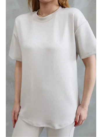 Osy Modal Yumuşak dokulu Kumaş Bisiklet Yaka Taş detaylı Kısa Kollu Takım - Kırık Beyaz Osy Modal Yumuşak dokulu Kumaş Bisiklet Yaka Taş detaylı Kısa Kollu Takım - Kırık Beyaz