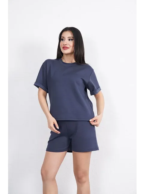 Osy Modal Yumuşak Dokulu Kumaş Kadın Bisiklet Yaka T-shirt Kısa Şort İkili Takım - Antrasit
