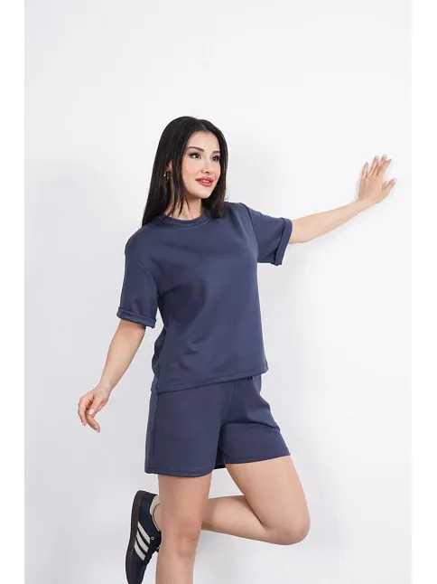 Osy Modal Yumuşak Dokulu Kumaş Kadın Bisiklet Yaka T-shirt Kısa Şort İkili Takım - Antrasit