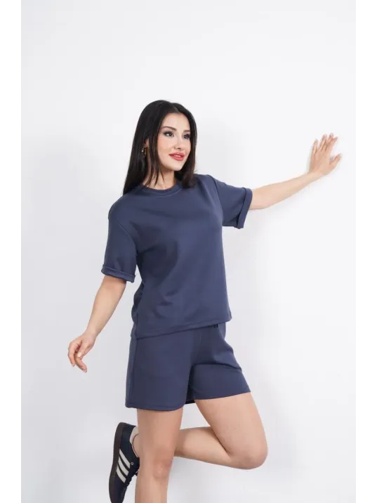 Osy Modal yumuşak dokulu Kumaş Kadın Bisiklet Yaka T-shirt Kısa Şort İkili Takım - Antrasit Osy Modal yumuşak dokulu Kumaş Kadın Bisiklet Yaka T-shirt Kısa Şort İkili Takım - Antrasit