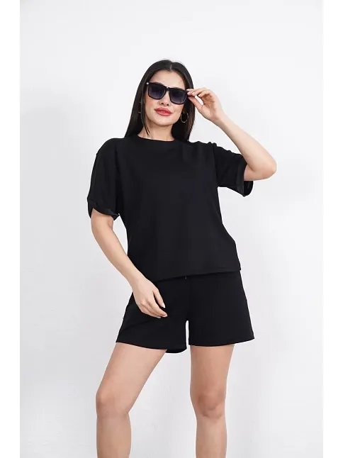 Osy Modal Yumuşak Dokulu Kumaş Kadın Bisiklet Yaka T-shirt Kısa Şort İkili Takım - Siyah