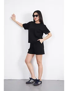 Osy Modal Yumuşak Dokulu Kumaş Kadın Bisiklet Yaka T-shirt Kısa Şort İkili Takım - Siyah