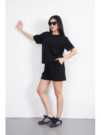 Osy Modal yumuşak dokulu Kumaş Kadın Bisiklet Yaka T-shirt Kısa Şort İkili Takım - Siyah Osy Modal yumuşak dokulu Kumaş Kadın Bisiklet Yaka T-shirt Kısa Şort İkili Takım - Siyah