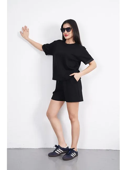 Osy Modal Yumuşak Dokulu Kumaş Kadın Bisiklet Yaka T-shirt Kısa Şort İkili Takım - Siyah